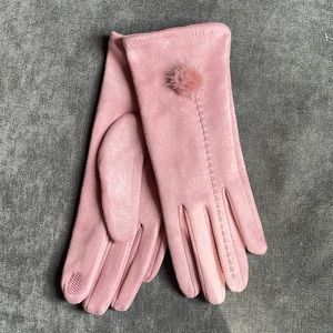 Pink faux suede fashion gloves, tech friendly finger featuring pink faux fur
